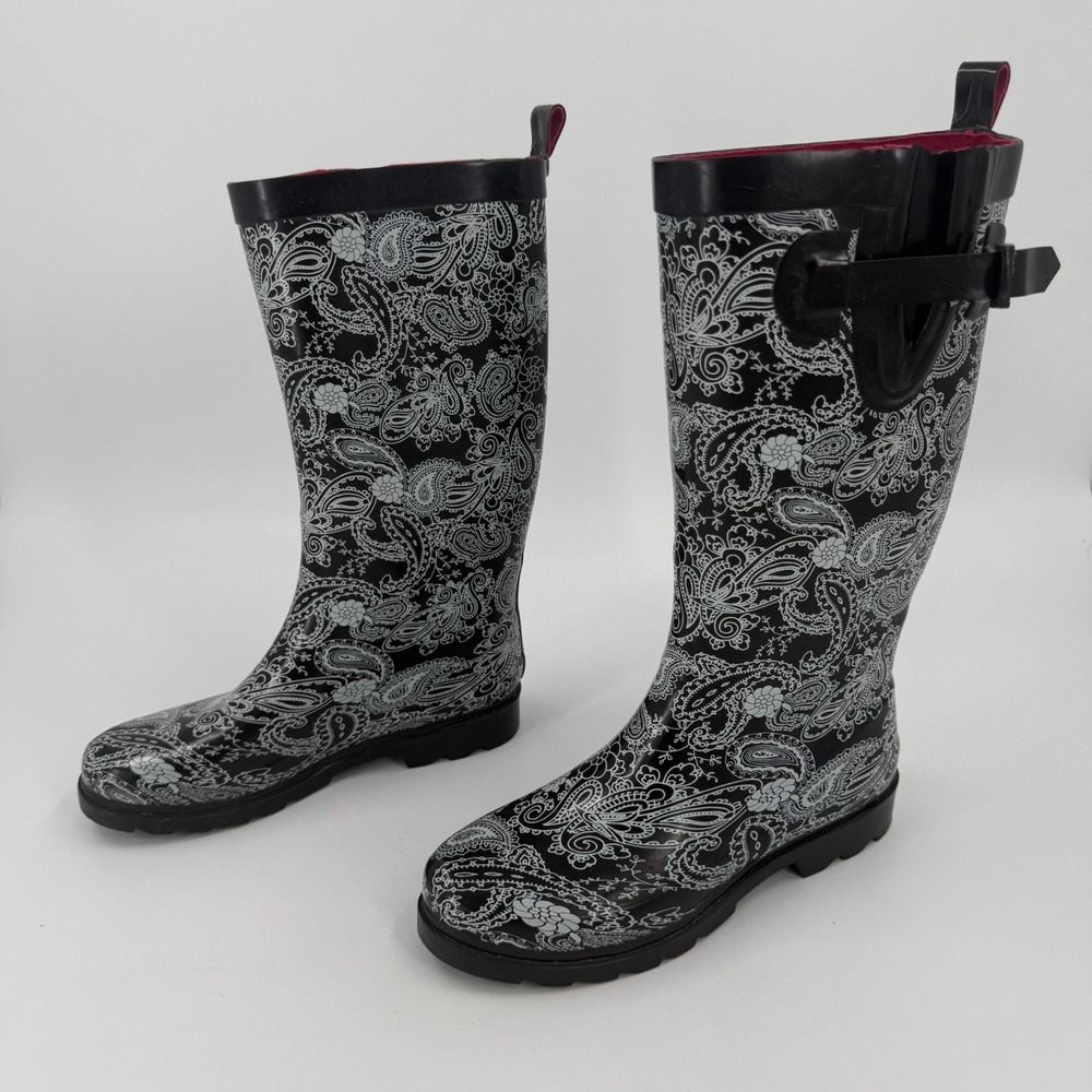 Capelli New York Rain Boots Womens Size 8 Black White Floral Paisley Side Buckle